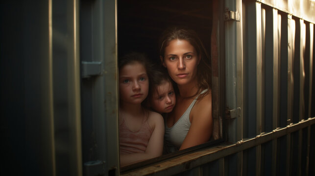 Women and children inside shipping containers. Human trafficking