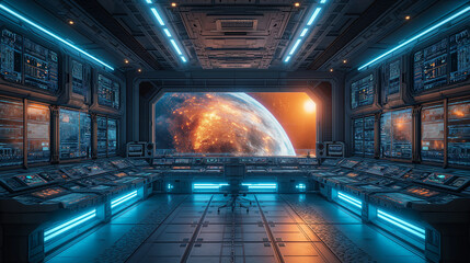 Spaceship futuristic interior sci fi neon colors - obrazy, fototapety, plakaty