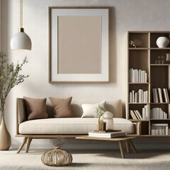 Contemporary classic white beige livingroom interior with one picture frame, wooden shelfs. Generative AI.