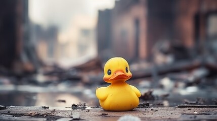 A rubber yellow duckling for swimming on a blurred background of destroyed buildings. an abandoned children's toy. bombing, terrorist attack, disaster. - obrazy, fototapety, plakaty