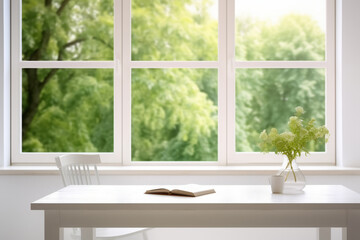 an empty wooden table in a white kitchen against a blurred window background. a workplace for cooking.