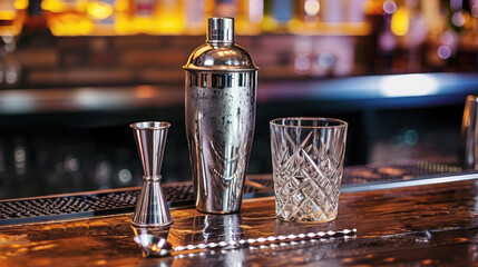 barware on the bar counter close-up, shaker, jigger, glass