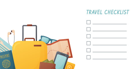 packing list, check list for travel, planning, preparing for vacation, trip, journey, luggage, passport, ticket, map, phone, wallet, vector illustration