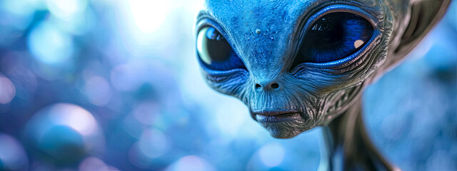 Alien creature with large eyes and blue skin against a bokeh light background. - obrazy, fototapety, plakaty