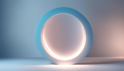 Abstract Minimalist Blue Geometric Background with Bright Light - 3D Render of Glowing Round Shape in the Dark