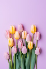 tulips on a lavender background, top view, flat layout. copy space. spring flowers.