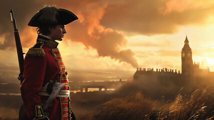 Redcoat soldier in London with the UK Houses of Parliament in the background showing the concept of the British Empire in the Georgian period leading to the American Revolutionary War, illustration - obrazy, fototapety, plakaty
