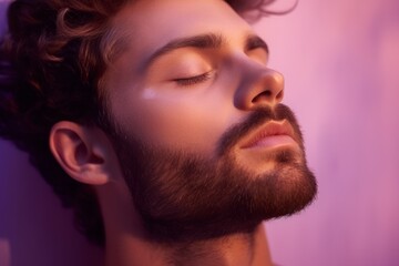A handsome man with his eyes closed on a lavender background. Portrait of a sleeping male person. Health and well-being, hypnosis and aromatherapy, alternative medicine,