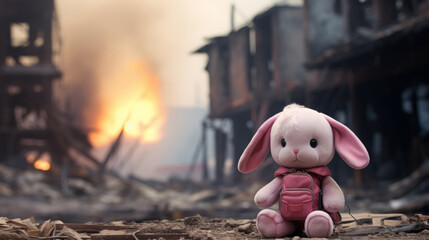 A pink plush bunny on a blurred background of destroyed buildings. bombing, terrorist attack, fire. - obrazy, fototapety, plakaty