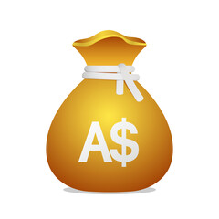 Golden bag Australian Dollar currency symbol. 3D Illustration of a bag with money.