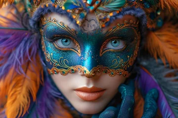 Fotobehang Mardi Gras Masked Marvel: A Vibrant, Colorful, and Eye-catching Masked Face Generative AI © Aryan