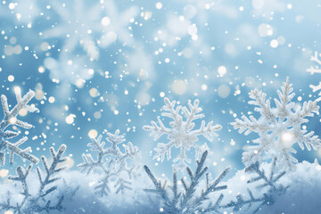 Fototapeta na wymiar Snowflakes with snow crystals on a blue background at Christmas, stock illustration image 