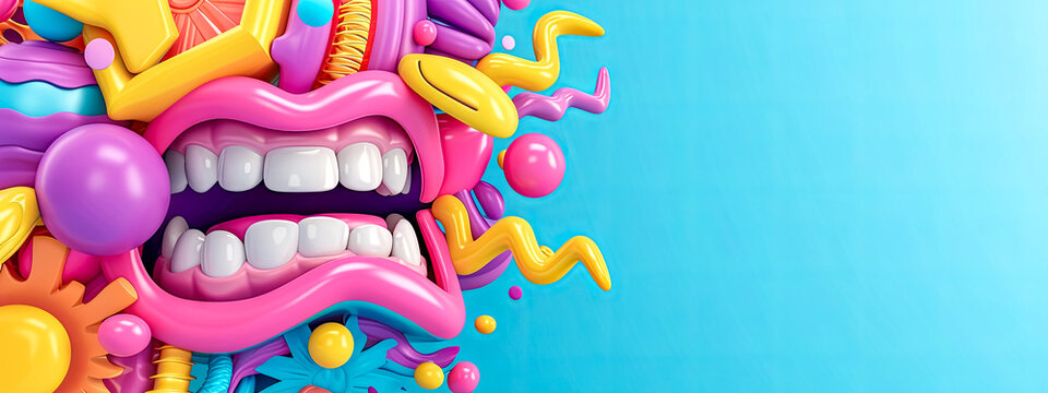 Surreal mouth with vibrant lips and whimsical 3D elements on a blue backdrop. copy space