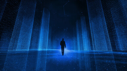 Man walks in digital cyberspace world illustration background.