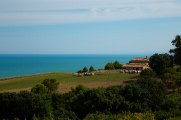Abandoned farm in the Marches region in Italy with Mediterranean Sea in the Background - 717770527
