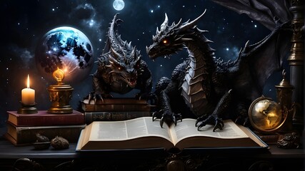 magic book with magic light, A depiction of the moon with a dark book in its grasp, stars and planets beside it, and two dark dragons one shiny and the other dark next to the book