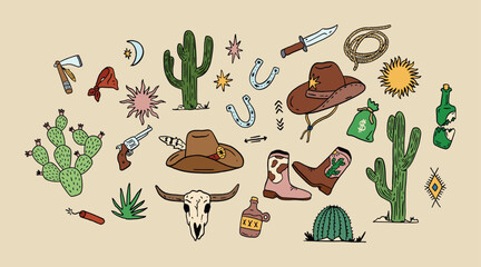 Western Rodeo Cowboy Vector Set, Cattle, Cactus, Cowboy Boot, Skull, wild west desert aesthetic Vector Collection Illustration
- 717772195