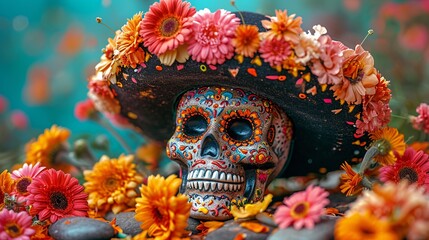 Celebrate DÃ­a de los Muertos with a vibrant sugar skull adorned with flowers Generative AI