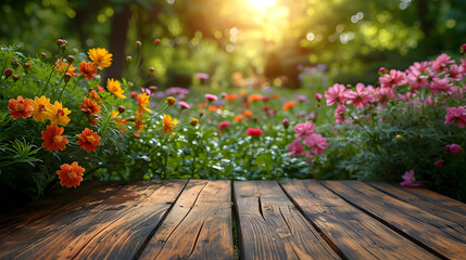 Spring Flowers and Wooden Table