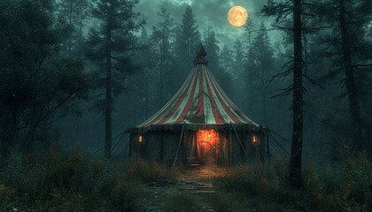 A Circus Tent in the Woods on a Full Moon Night Generative AI - obrazy, fototapety, plakaty