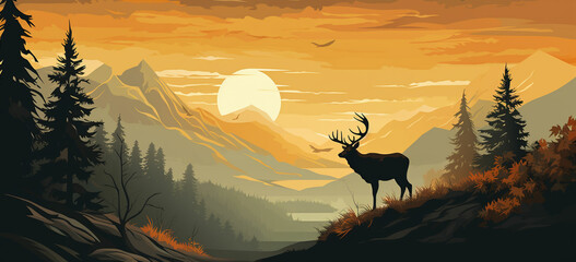Graphic black silhouettes of wild deer - obrazy, fototapety, plakaty