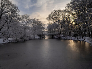 Winter landscape with frozen lake and snow in trees in forest