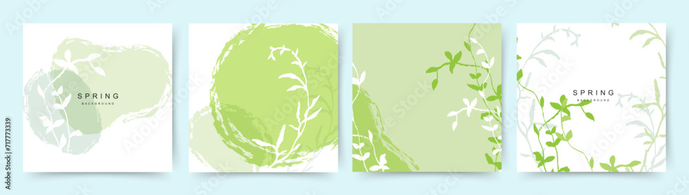 Wall mural spring green square backgrounds. minimalistic style with floral elements and texture. vector templat