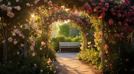 A wooden arbor covered in climbing roses, creating a romantic tunnel of blooms in the heart of the garden.