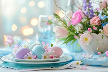 festive Easter table setting of colored eggs on a plate, compositions of delicate flowers, the concept of Easter design and greeting cards