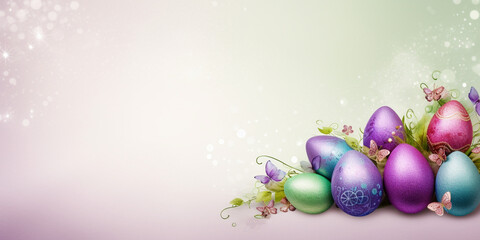 Easter banner with pearl-colored eggs, flowers and butterflies on a delicate defocused background with a place for text,the concept of creative Easter design,advertising and greeting cards