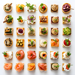Varieties of tasty canapes isolated on white background