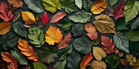 Leaf Lock Life Language of change , leaf color change shows a signal to prepare for winter and stop making chlorophyll , autumn leaves, green ,red, orange leaves background, science banner,   - obrazy, fototapety, plakaty