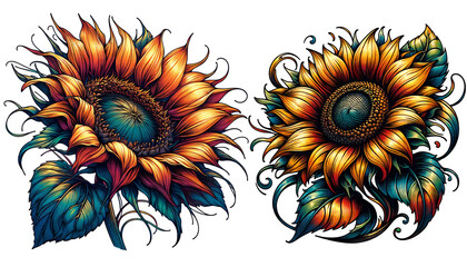 Sunflower Drawing Floral Tattoo and Illustration. PNG Transparent Background