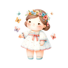 Cute Chubby Girl with butterflies. Watercolor Illustration Clipart.
