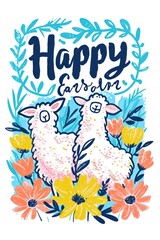 An Easter greeting card poster showcasing a sweet sheep, cheerful eggs, and pretty spring flowers.