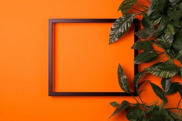 Square frame with plant border on orange background and copy-space. Generative AI