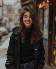Woman smiling at camera. A stylish woman exudes confidence and warmth as she stands in the wintry streets, her leather jacket adding an edge to her fashionable street style