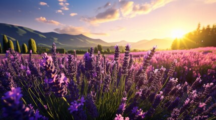 Sun-kissed lavender fields stretching as far as the eye can see, with bees buzzing around the fragrant purple blooms. - obrazy, fototapety, plakaty