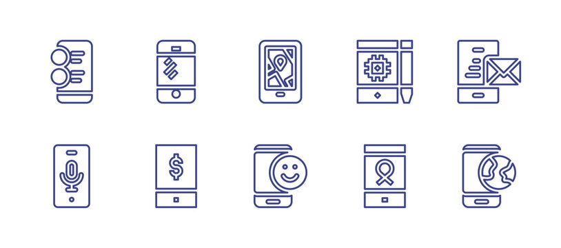 Smartphone Line Icon Set. Editable Stroke. Vector Illustration. Containing Contact, Iphone, Voice Recognition, Phone, Gps, Email, App, Smile, Internet.