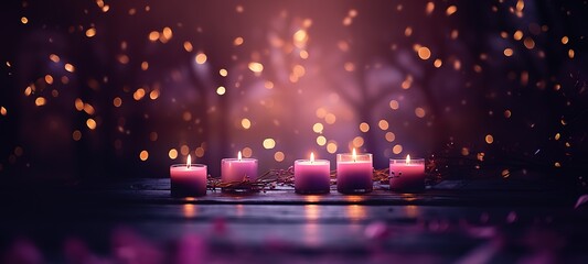 Purple candle burning on wooden table with bokeh effect background. generative AI