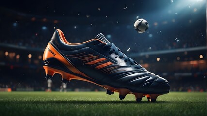 A nighttime football match has a close-up of a soccer shoe forcefully striking the ball.