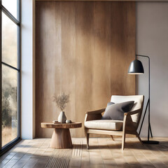 Contemporary minimalist interior with armchair, coffee table, wood panel, floor lamp, blank. Generative AI.