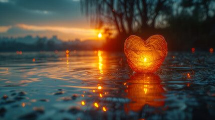 Heart lanterns on the water - obrazy, fototapety, plakaty