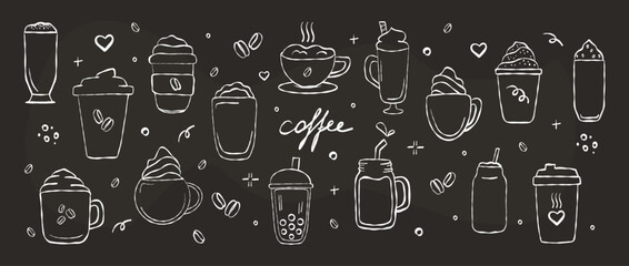 Line art set of different types coffee beverage. Doodle vector illustrations isolated on chalk board background. Espresso, americano, cappuccino, latte.