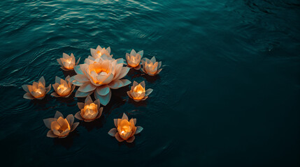 Water lilly lanterns floating on the water - obrazy, fototapety, plakaty
