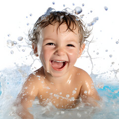 Child expressing joy while playing with water, representing sensory play isolated on white background, hyperrealism, png
