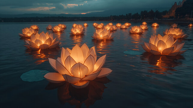 Water lily lanterns floating on the water