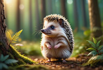 Hedgehogs stand in a rich forest with many kinds of flowers and - obrazy, fototapety, plakaty