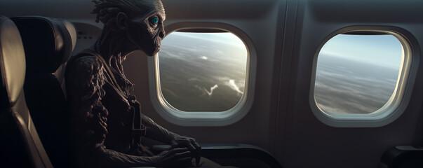 Eldely alien travelling inside an airplane