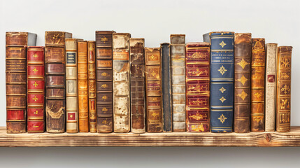 Old books cover on wooden shelf